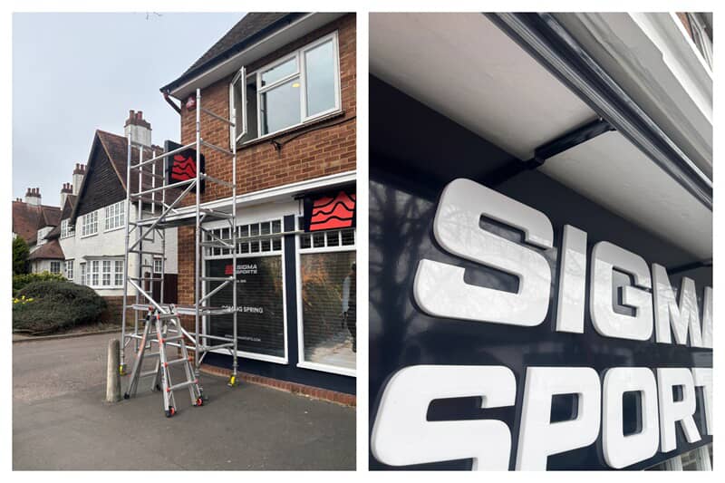 A collage of the Sigma Sports channel letters and installation.